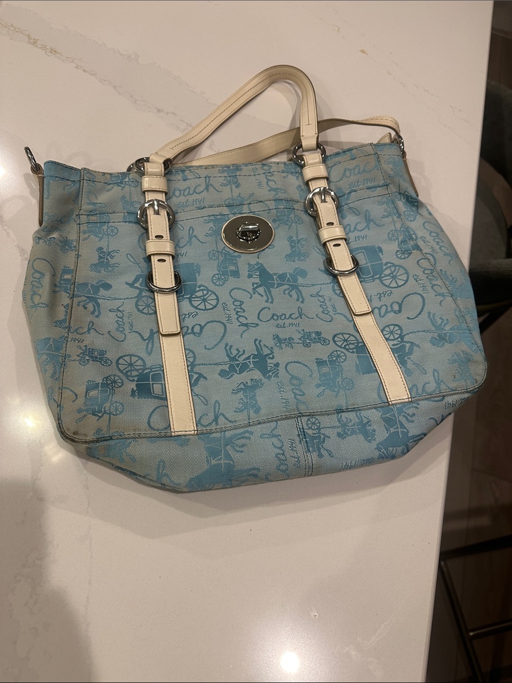 Vintage Coach Chelsea horse and carriage blue tote FAIR condition